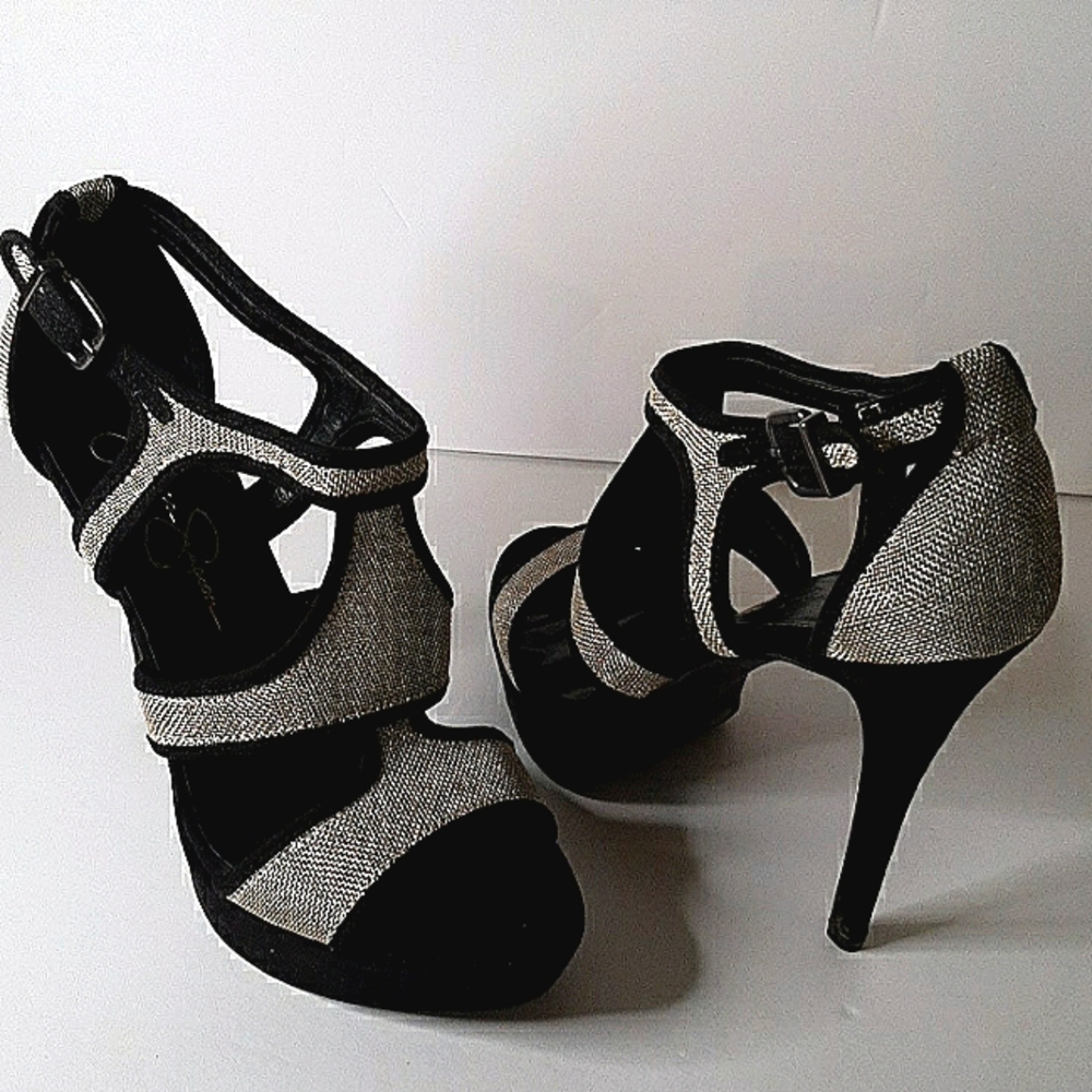 JESSICA SIMPSON Silver Mesh & Ultra Suede Platform Heels